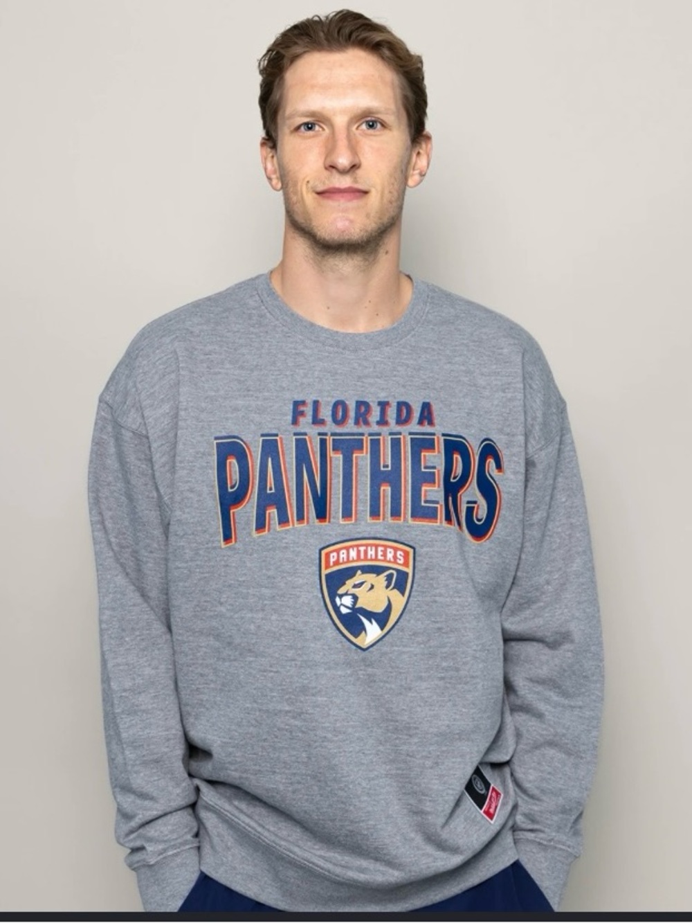 Mitchell & Ness Gray Florida Panthers Crewneck with Blue & Orange Logo
